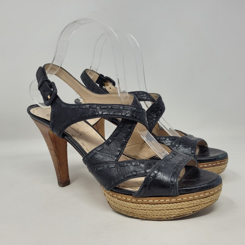 Prada Sandals IT39.5 US9.5 Black Leather Espadrille Platform Slingback Heels